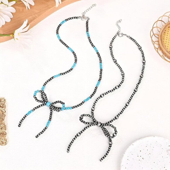 🆕 Women Blue Western Bow Pearl Necklace Trendy Dainty Cowgirl Birthday Jewelry - Picture 7 of 7